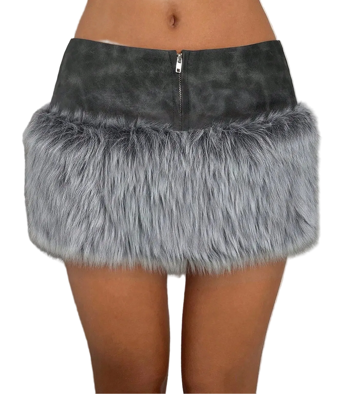 A gray faux fur mini skirt with a dark gray faux suede waistband and a silver zipper, shown on a model.