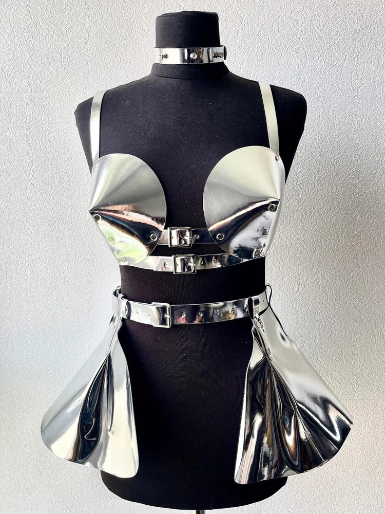 Women's Pu Leather Strap Bra Space Costume Singer Cosplay Space Suspenders Gothic Ruffle Suspenders Holographic Leather Outfit
