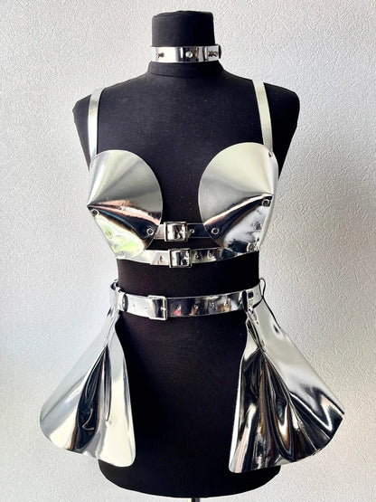 Women's Pu Leather Strap Bra Space Costume Singer Cosplay Space Suspenders Gothic Ruffle Suspenders Holographic Leather Outfit