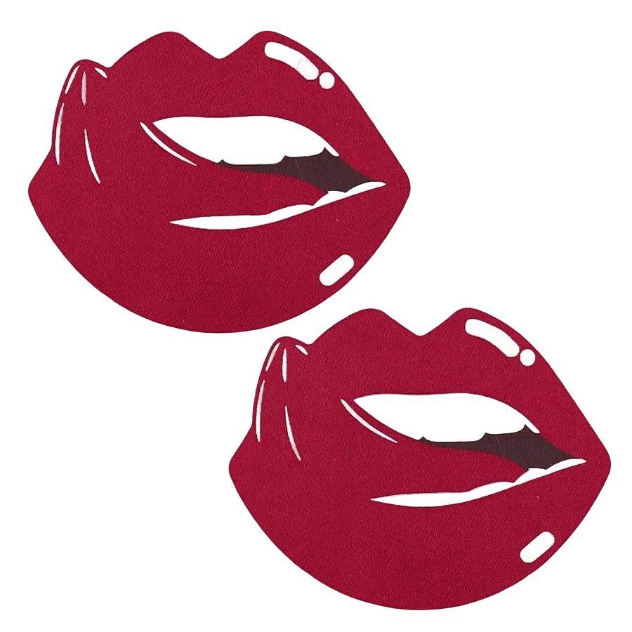 Two identical red lips stickers with white highlights and dark brown interior details, shown on a plain white background.