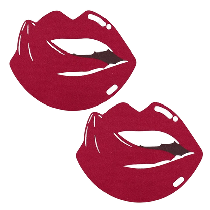 Two identical red lips stickers with white highlights and dark brown interior details, shown on a plain white background.