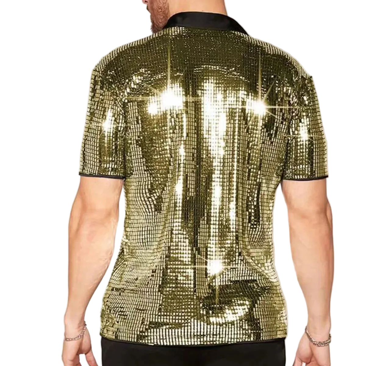Gold sequin shirt worn by a person on a plain background