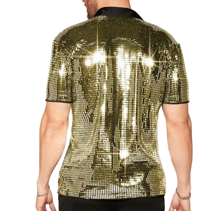 Gold sequin shirt worn by a person on a plain background