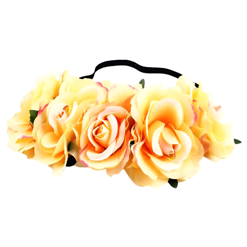 A floral headband featuring large, vibrant roses. The design is bold and romantic, perfect for a bohemian or festival look.