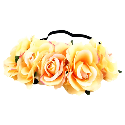 A floral headband featuring large, vibrant roses. The design is bold and romantic, perfect for a bohemian or festival look.