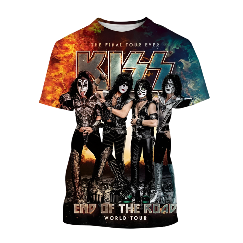 T-shirt featuring a band with 'KISS' logo and text about a world tour on a white background