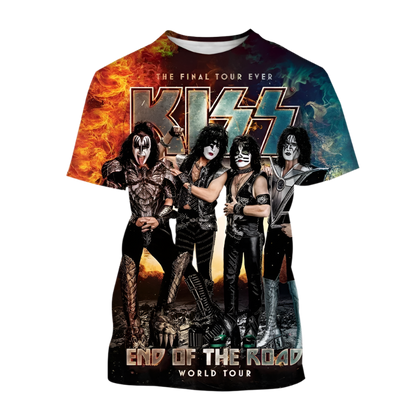 T-shirt featuring a band with 'KISS' logo and text about a world tour on a white background