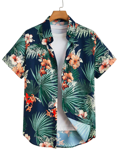 Hawaiian shirt with tropical leaf and flower pattern on a mannequin against a white background