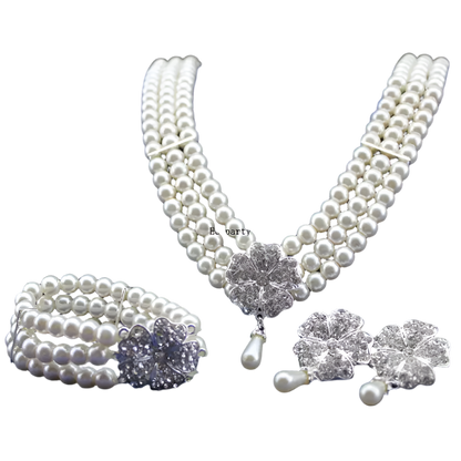 Luxury pearl and rhinestone jewelry set combining flapper and Audrey Hepburn styles for resort theme nights and bridal events

