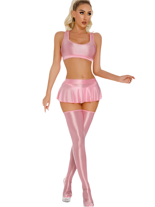 oil glossy transparent two-piece set with square neck sling top and pleated skirt in large sizes for resort wet-look fashion