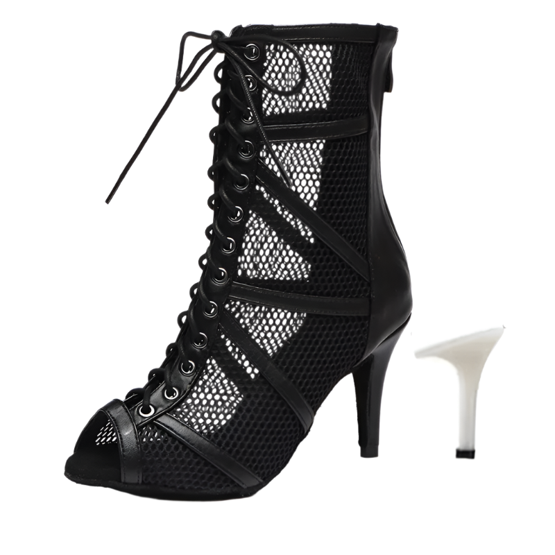 Red mesh ballroom dancing boots with fish mouth design stiletto heels and adjustable instep zip perfect for salsa dance performances and resort entertainment
