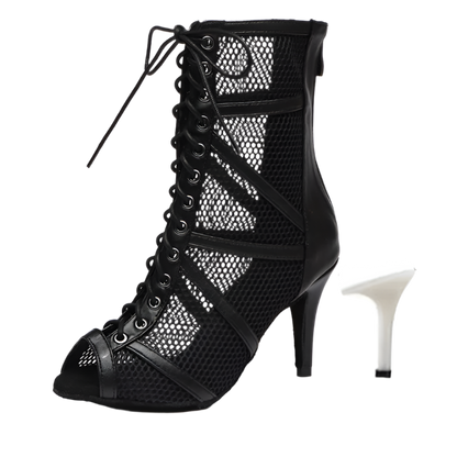 Red mesh ballroom dancing boots with fish mouth design stiletto heels and adjustable instep zip perfect for salsa dance performances and resort entertainment
