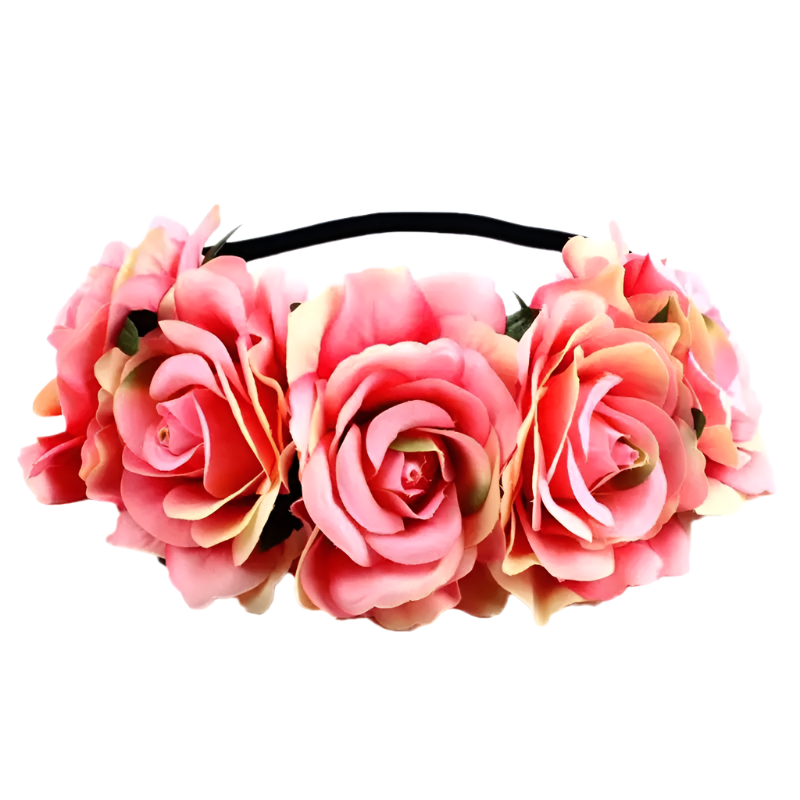 A floral headband featuring large, vibrant roses. The design is bold and romantic, perfect for a bohemian or festival look.