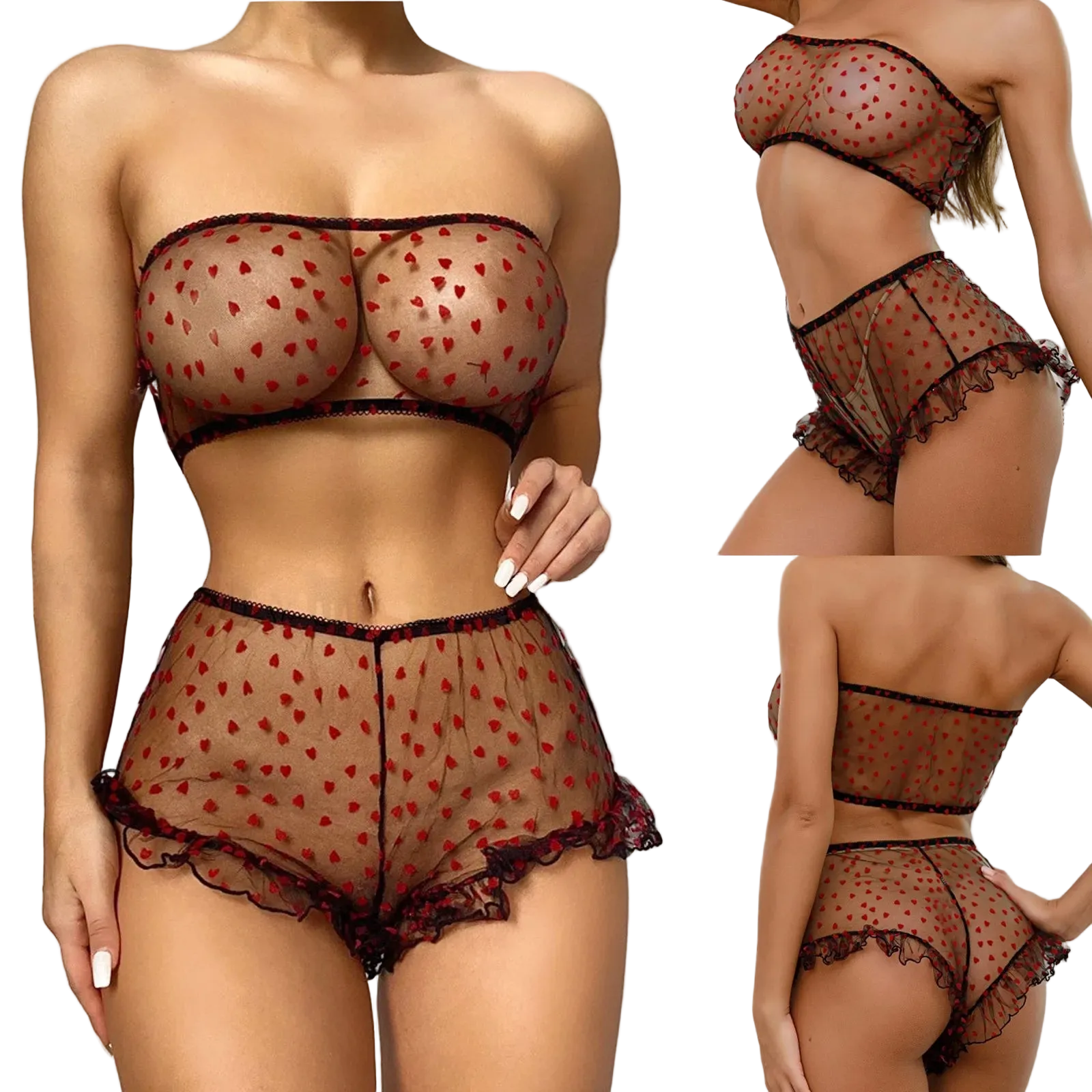 Three views of a sheer mesh lingerie set worn by a model, featuring a strapless bandeau top and matching high-waisted shorts in a dark brown color with red polka dots and black lace trim.