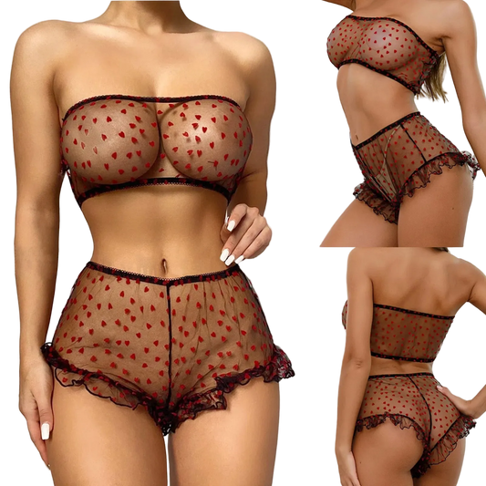 Three views of a sheer mesh lingerie set worn by a model, featuring a strapless bandeau top and matching high-waisted shorts in a dark brown color with red polka dots and black lace trim.