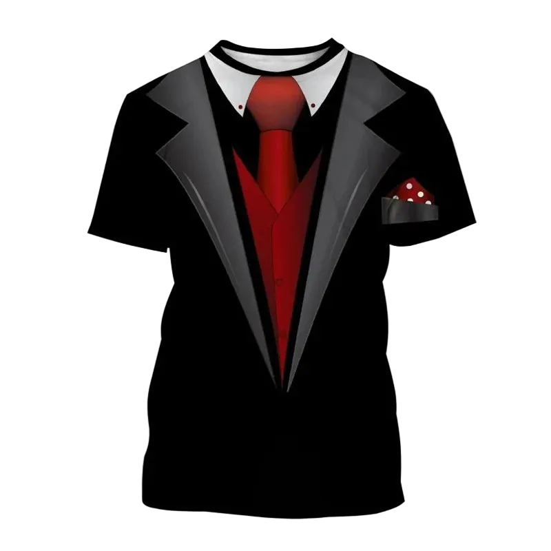 A short-sleeve t-shirt with a 3D-printed graphic of a black tuxedo jacket, red vest and tie, white shirt collar, and a red pocket square, shown on a white background with 'Beige' text in the top left.