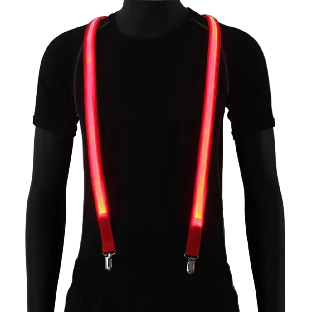 Red LED suspenders on a black shirt against a gray background