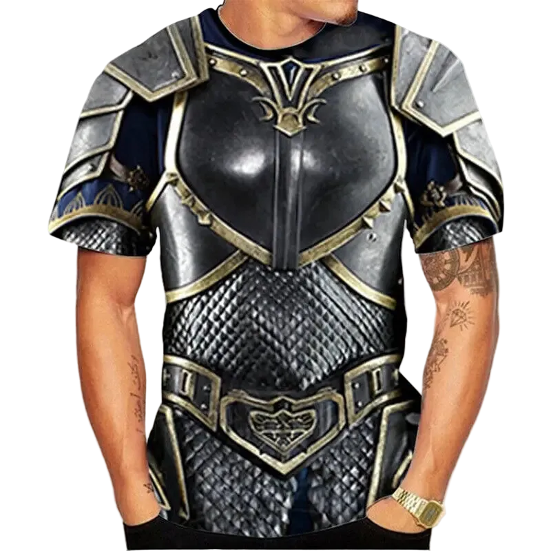 Person wearing a detailed armor-themed t-shirt with shoulder pads and chest plate on a white background