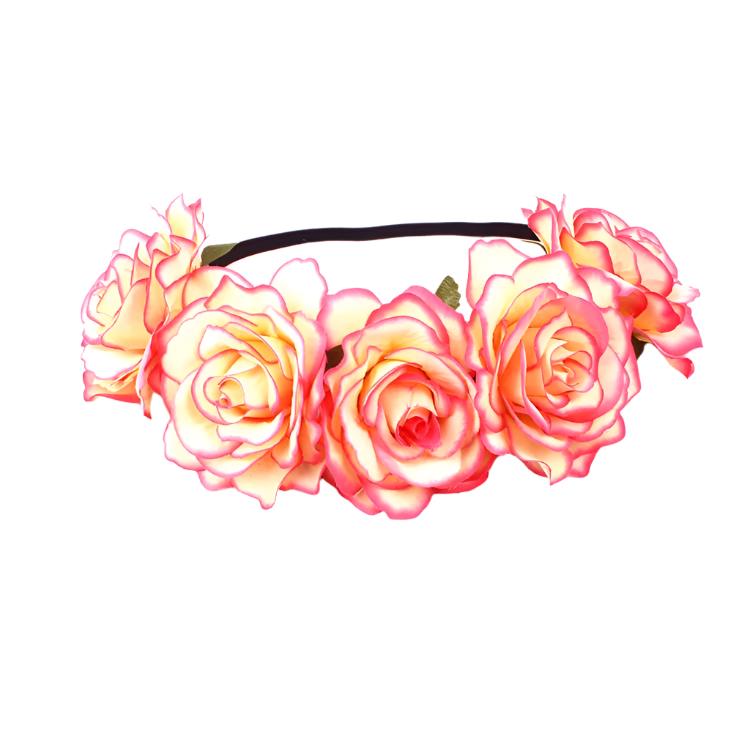 A floral headband featuring large, vibrant roses. The design is bold and romantic, perfect for a bohemian or festival look.