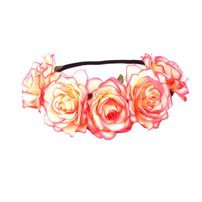 A floral headband featuring large, vibrant roses. The design is bold and romantic, perfect for a bohemian or festival look.