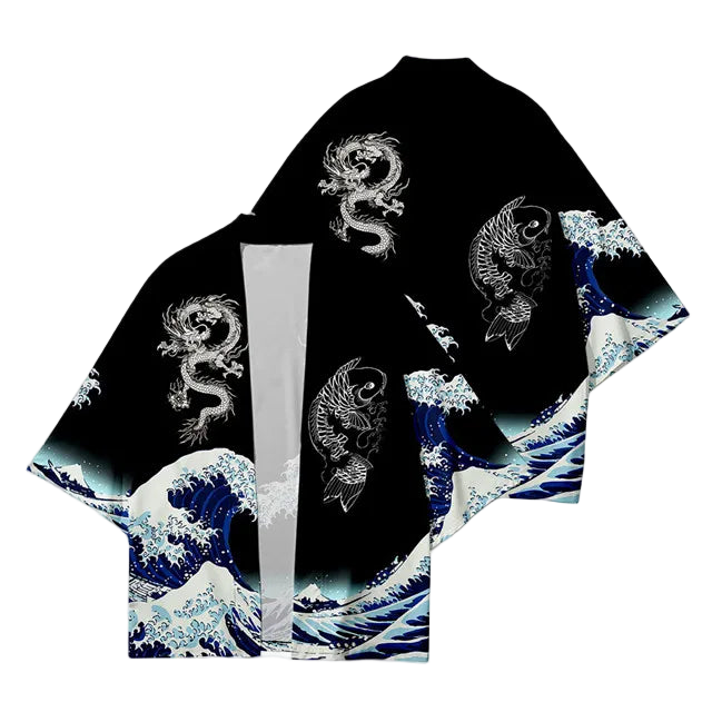 Black kimono-style garment with dragon and wave design on a white background