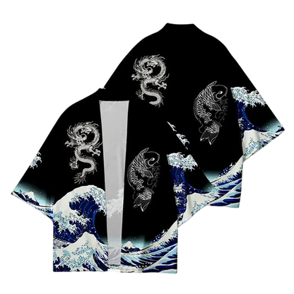 Black kimono-style garment with dragon and wave design on a white background