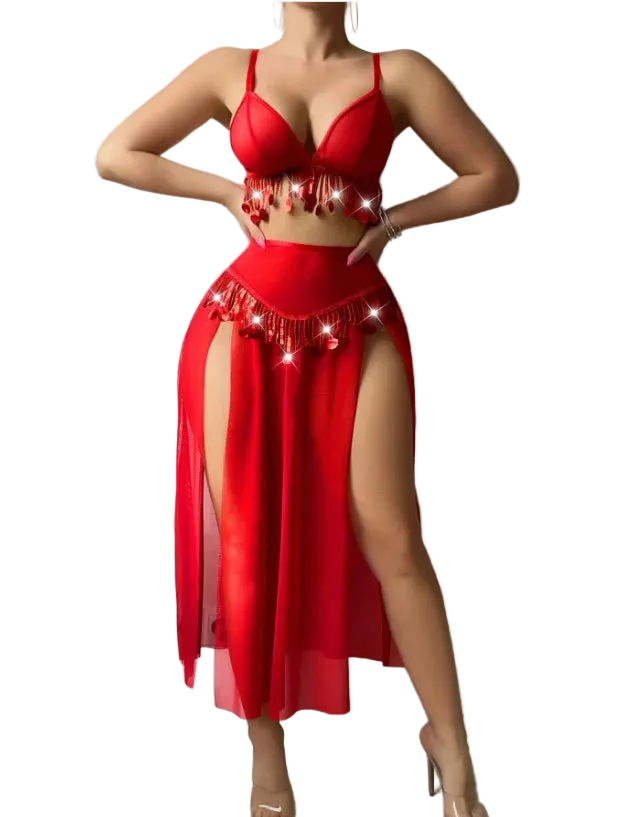 Red dress with a high slit and embellishments on a plain background