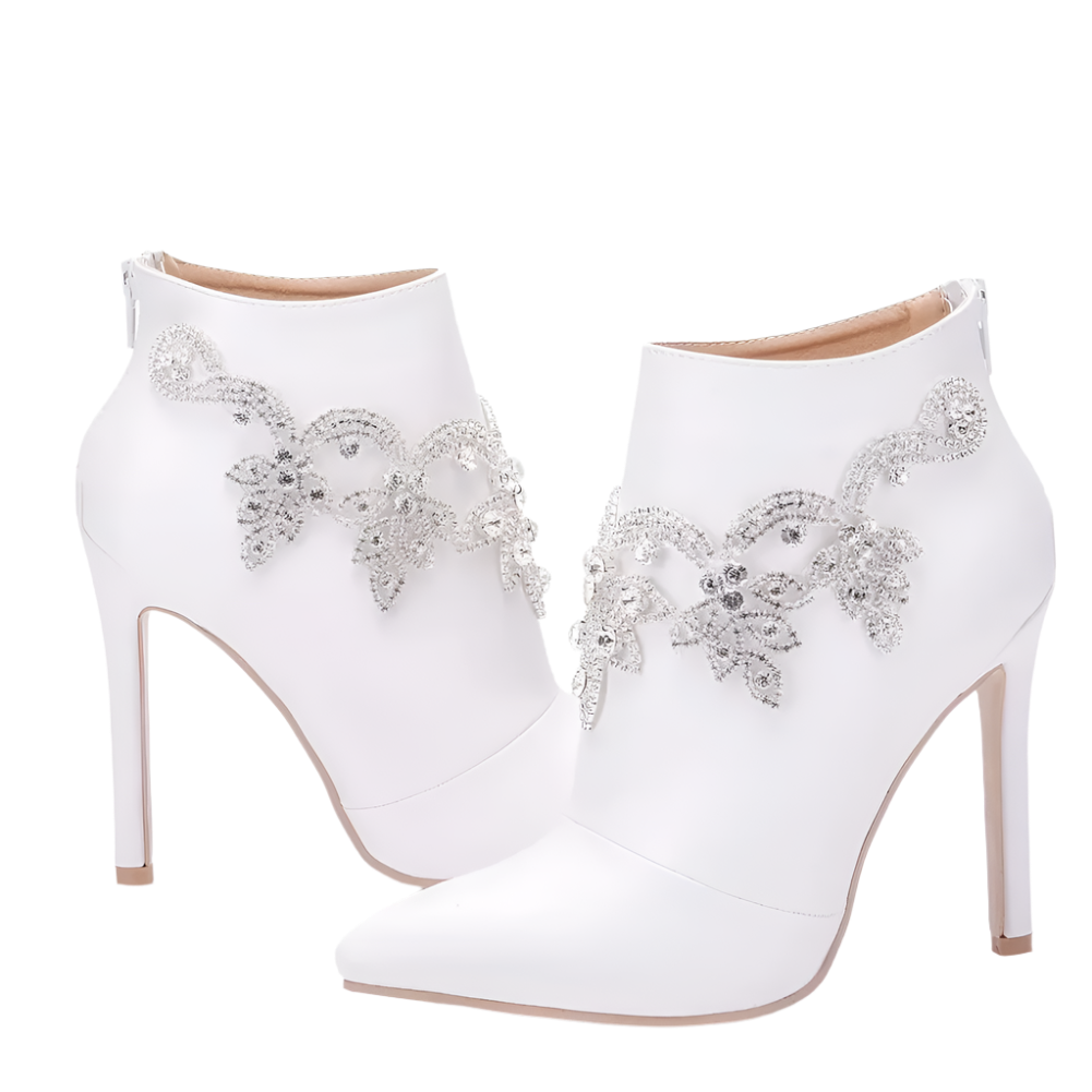 Elegant white ankle boots with rhinestone details and 11CM thin heel - perfect for resort evenings

