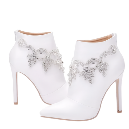 Elegant white ankle boots with rhinestone details and 11CM thin heel - perfect for resort evenings

