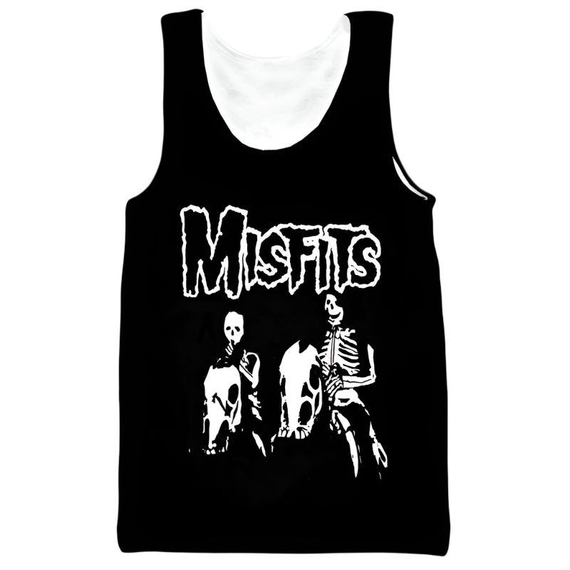 Black tank top with 'Misfits' logo featuring skeletons on a white background