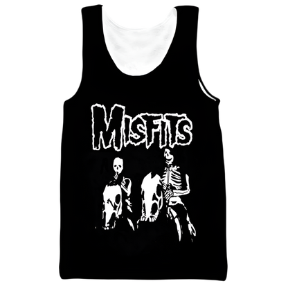 Black tank top with 'Misfits' logo featuring skeletons on a white background