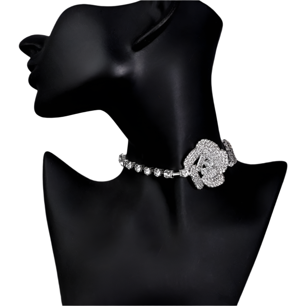 3D crystal rose choker with full rhinestone tennis chain - perfect for elegant resort evenings