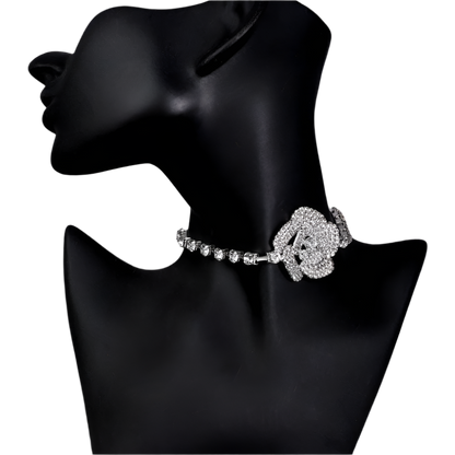 3D crystal rose choker with full rhinestone tennis chain - perfect for elegant resort evenings