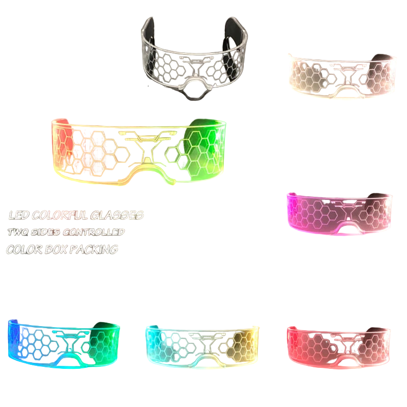 LED colorful glasses with two sides controlled, shown in various colors on a gray background.
