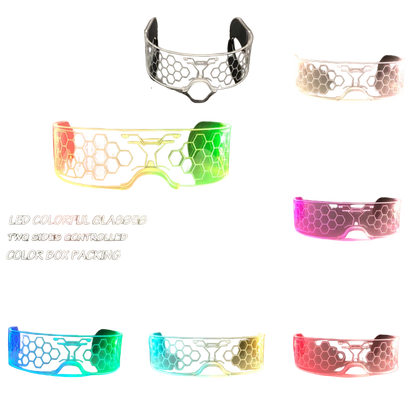 LED colorful glasses with two sides controlled, shown in various colors on a gray background.
