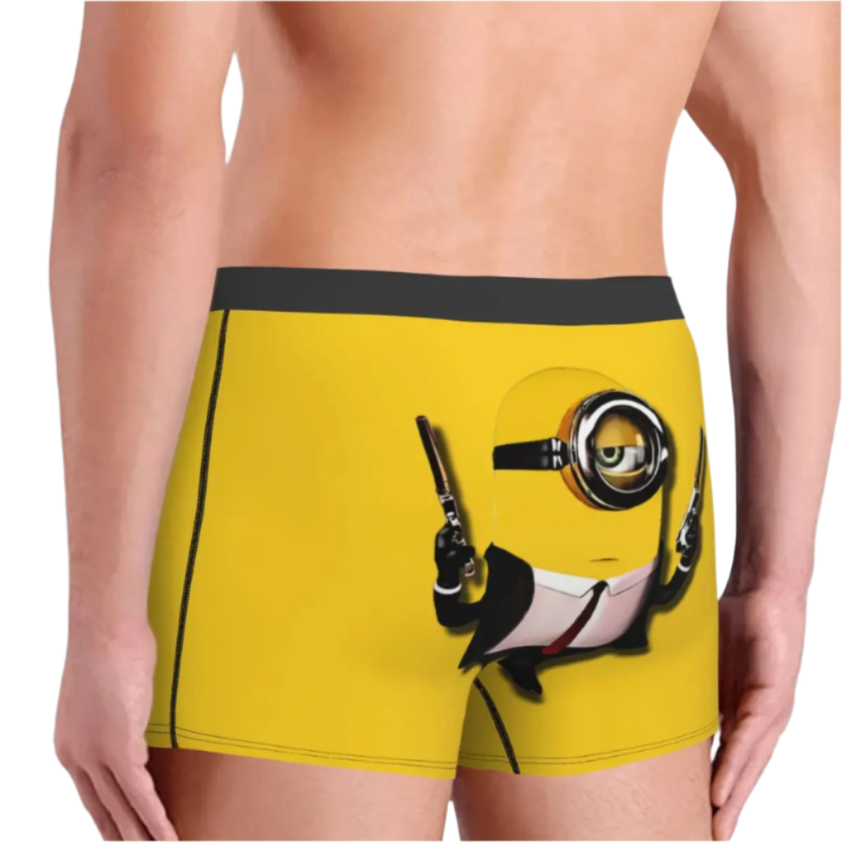 Yellow boxer briefs featuring minions a cartoon character in a suit holding guns.