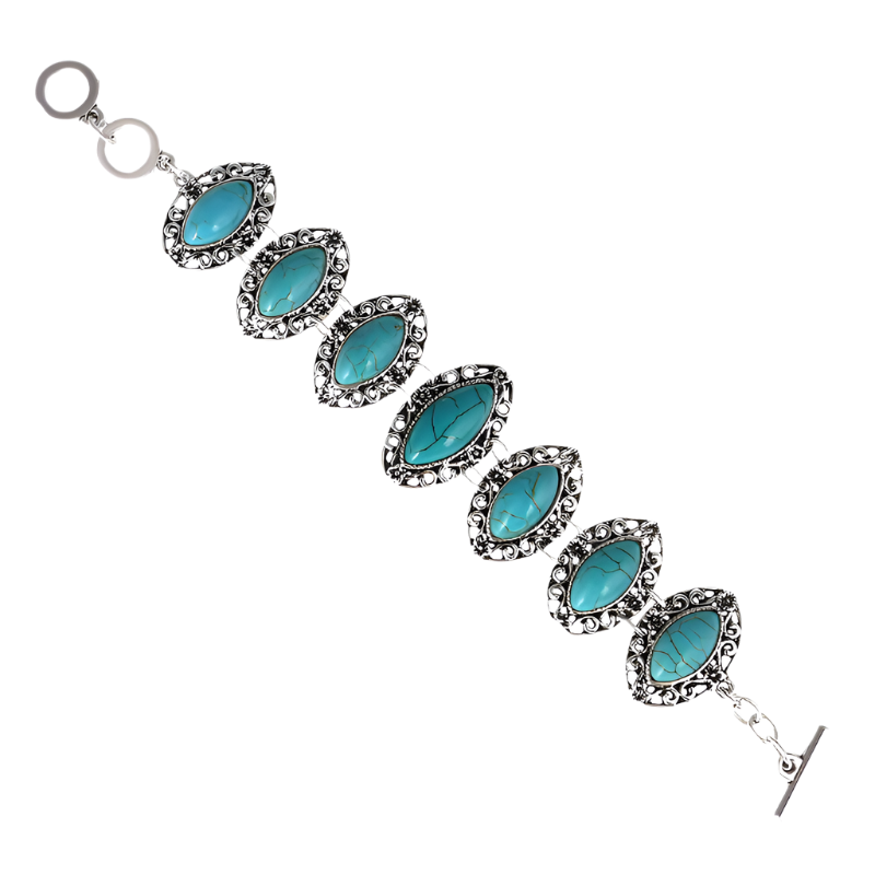 Turquoise stone bracelet with silver accents on a white background