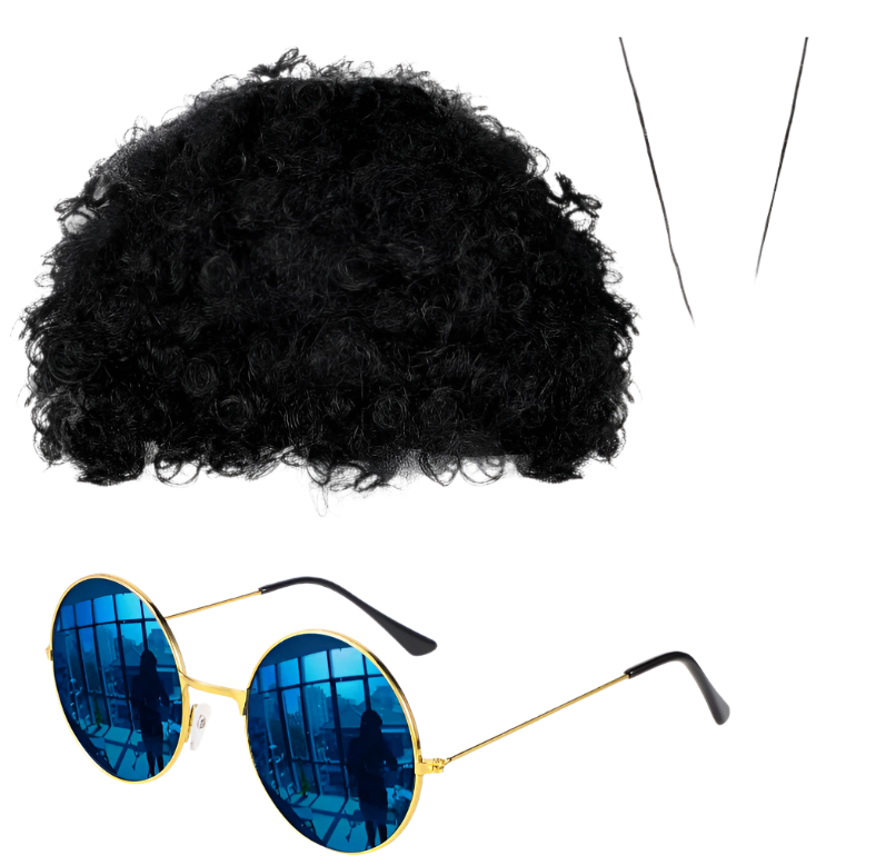 Set of items including an Afro wig, round blue sunglasses, and a peace sign necklace on a white background.
