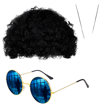 Set of items including an Afro wig, round blue sunglasses, and a peace sign necklace on a white background.
