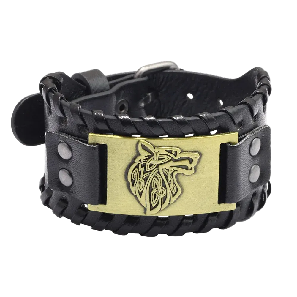 Black leather bracelet with a gold wolf emblem on a white background