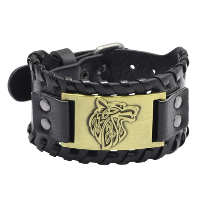 Black leather bracelet with a gold wolf emblem on a white background