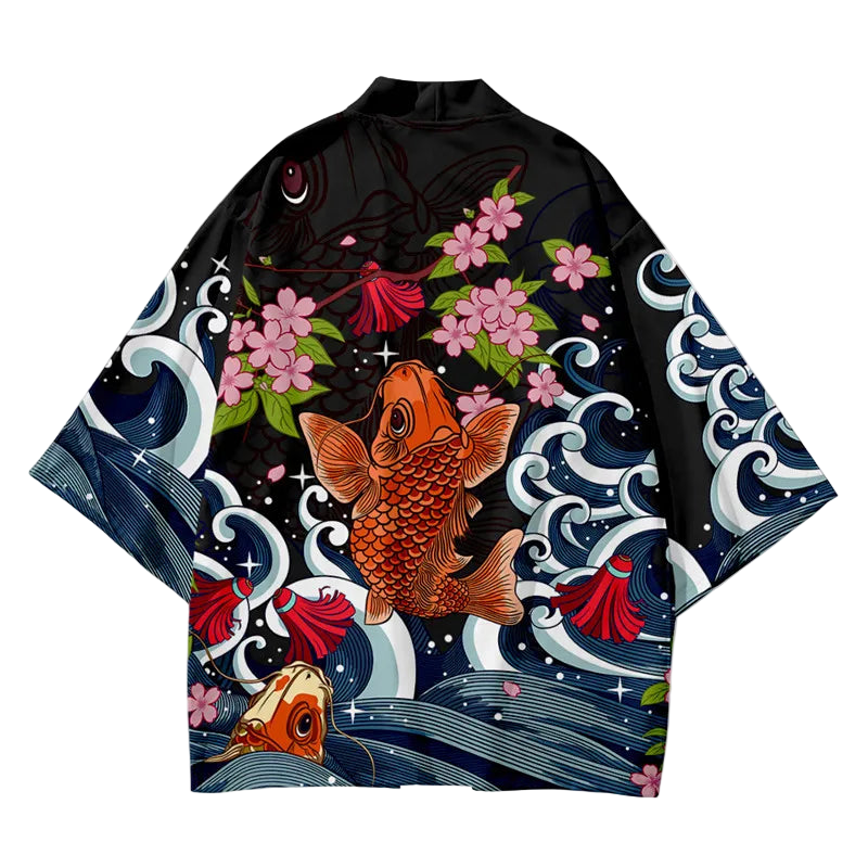Black kimono-style garment with goldfish and floral designs on a white background