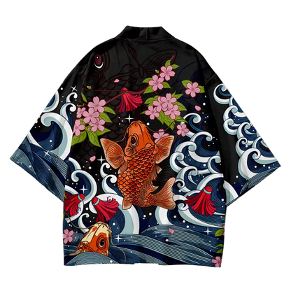 Black kimono-style garment with goldfish and floral designs on a white background