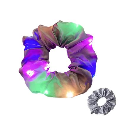 Multicolored LED scrunchie on a dark background with an inset of a gray scrunchie.