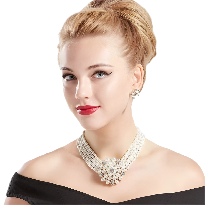 Complete Audrey Hepburn inspired accessory set with pearl necklace, earrings, gloves and cigarette holder for resort theme nights

