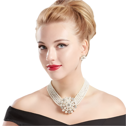 Complete Audrey Hepburn inspired accessory set with pearl necklace, earrings, gloves and cigarette holder for resort theme nights

