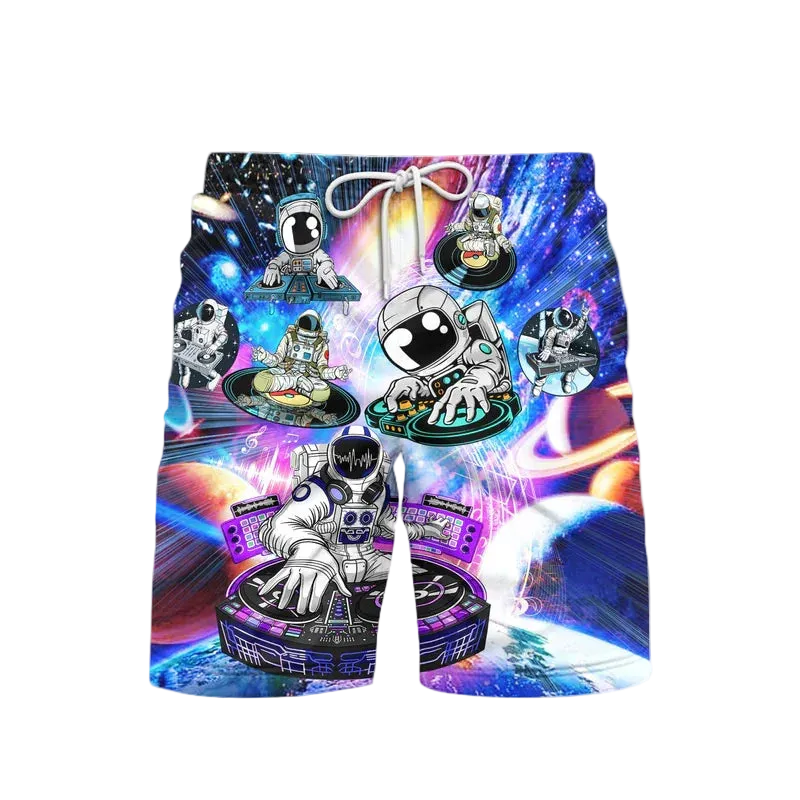 Colorful shorts with astronaut and space-themed design on a white background