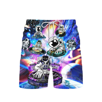 Colorful shorts with astronaut and space-themed design on a white background