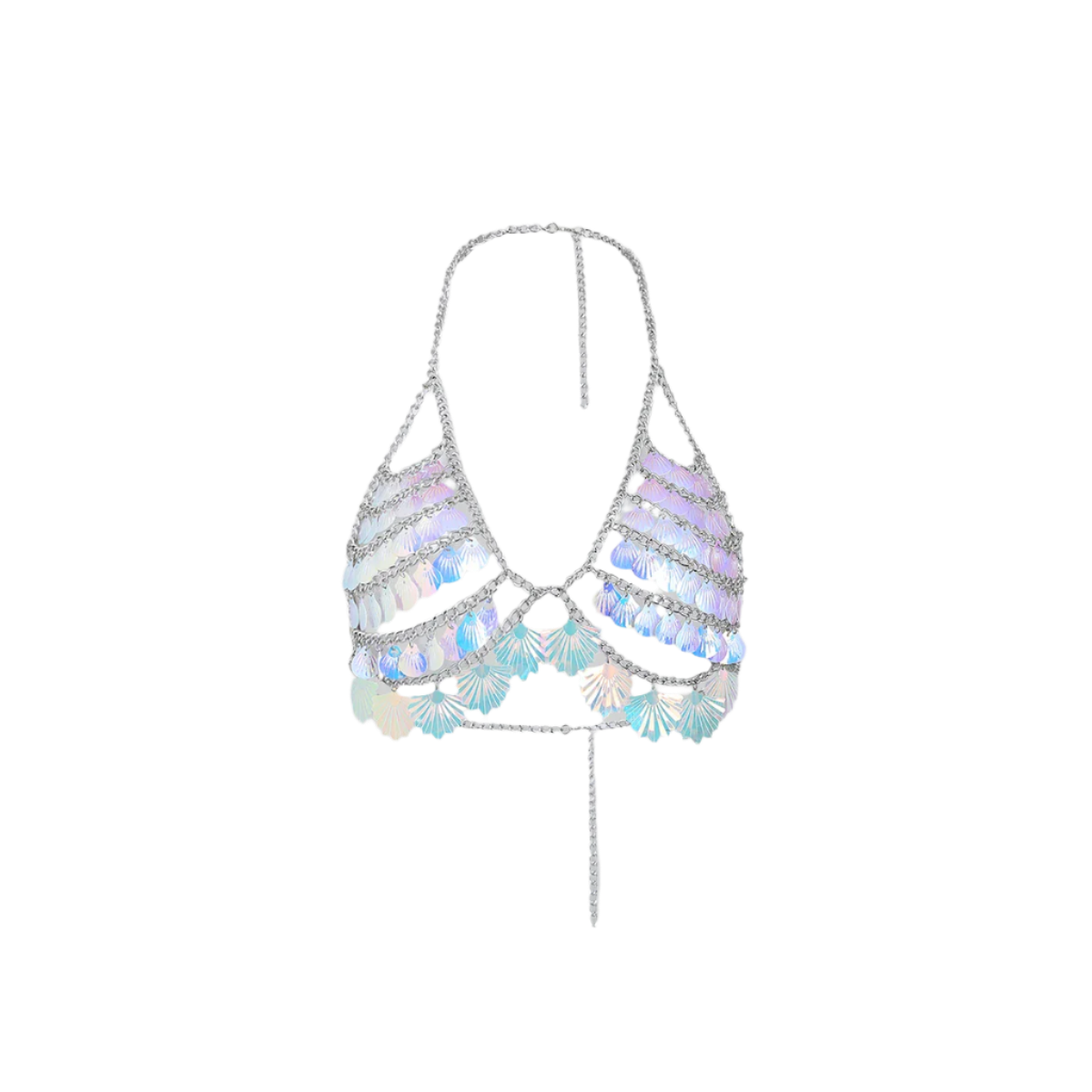 Mermaid shell sequin bikini top with body chain details for resort beach wear

