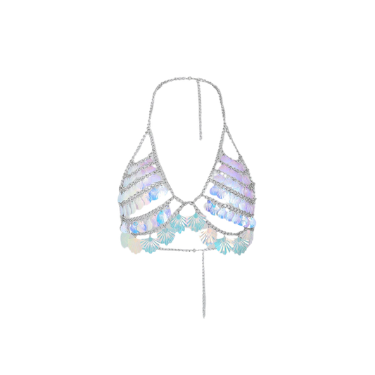 Mermaid shell sequin bikini top with body chain details for resort beach wear

